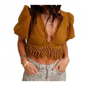 NEW ENDLESS BLU. monte carlo puff sleeve fringe top in brown